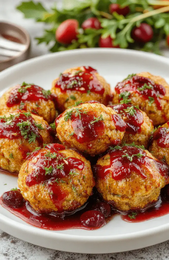 Vibrant golden-brown stuffing balls with a drizzle of cranberry glaze on a white plate, garnished with fresh herbs, styled simply with a blurred background.