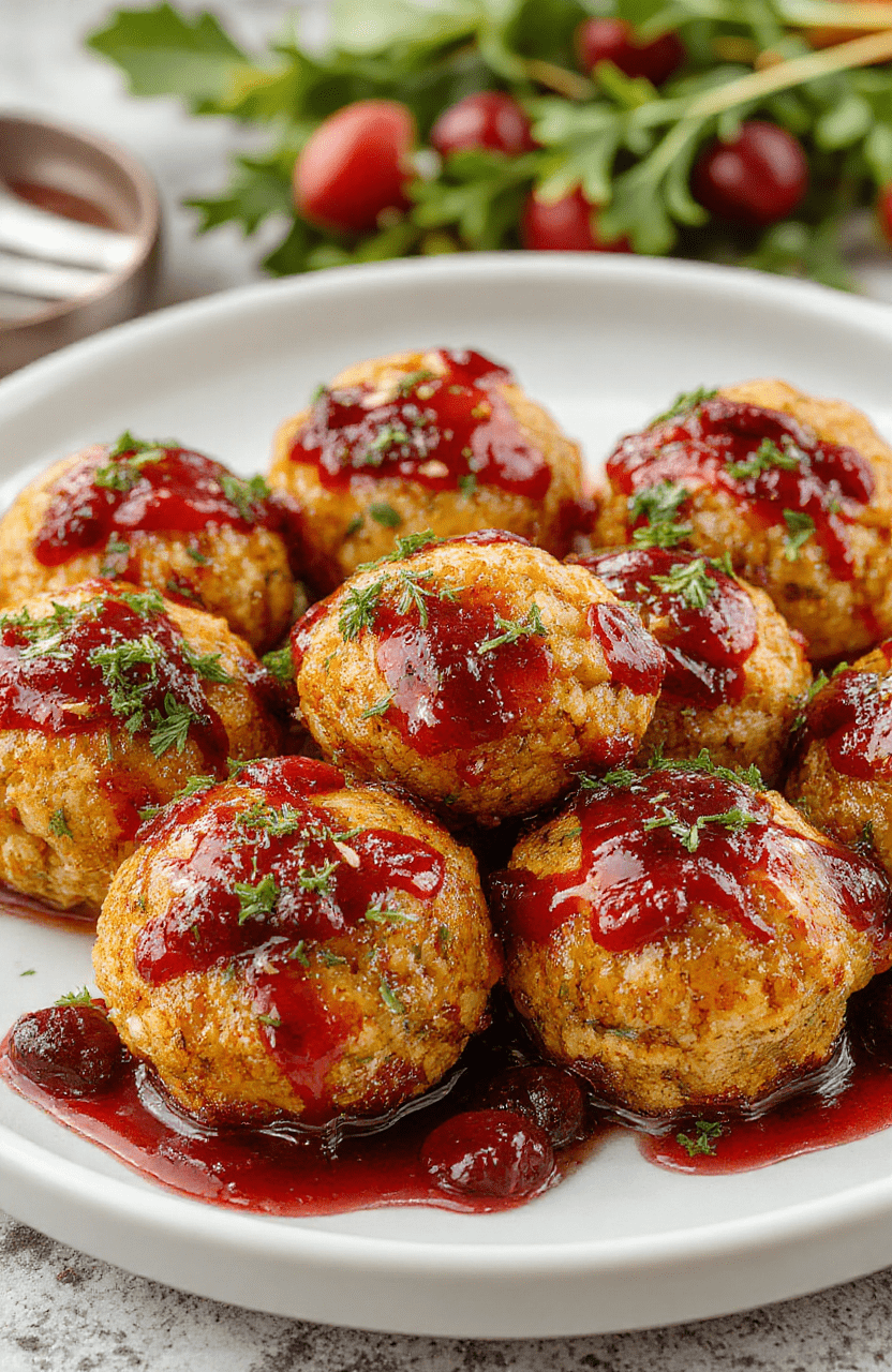 Vibrant golden-brown stuffing balls with a drizzle of cranberry glaze on a white plate, garnished with fresh herbs, styled simply with a blurred background.