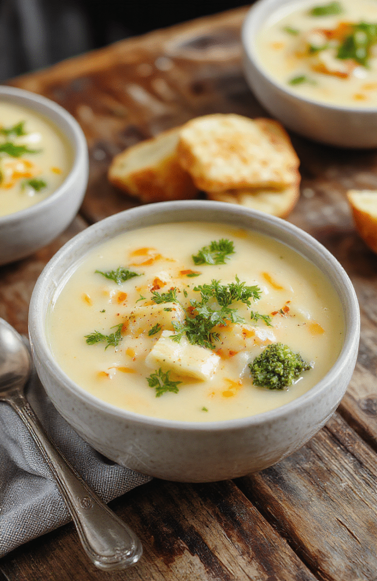 A vibrant bowl of creamy broccoli cheddar potato soup garnished with shredded cheese and fresh broccoli florets, served on a rustic wooden table with a spoon and a slice of crusty bread, textures of smooth soup contrasting with crunchy toppings, styled in a cozy, inviting setting.