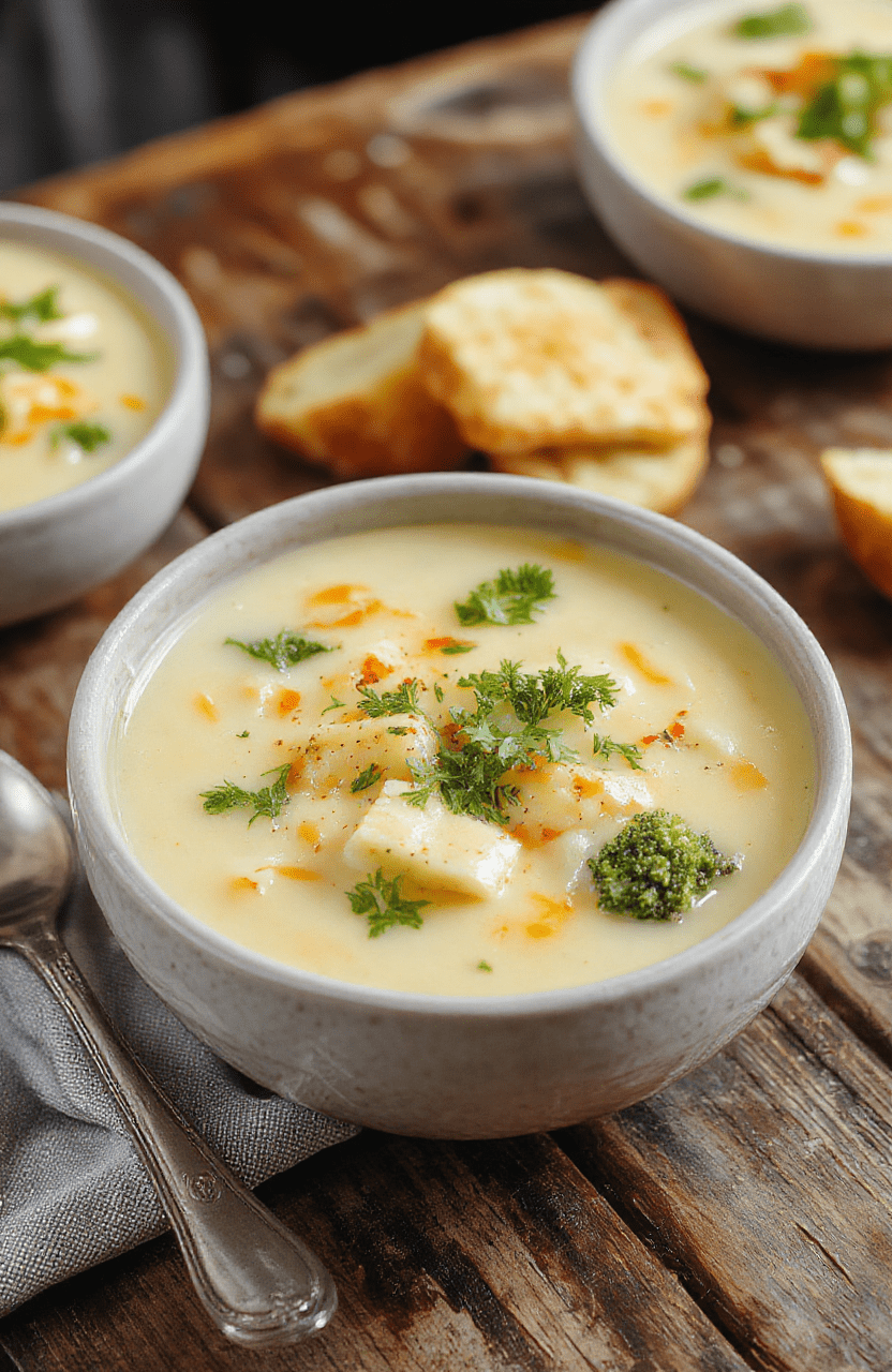 A vibrant bowl of creamy broccoli cheddar potato soup garnished with shredded cheese and fresh broccoli florets, served on a rustic wooden table with a spoon and a slice of crusty bread, textures of smooth soup contrasting with crunchy toppings, styled in a cozy, inviting setting.