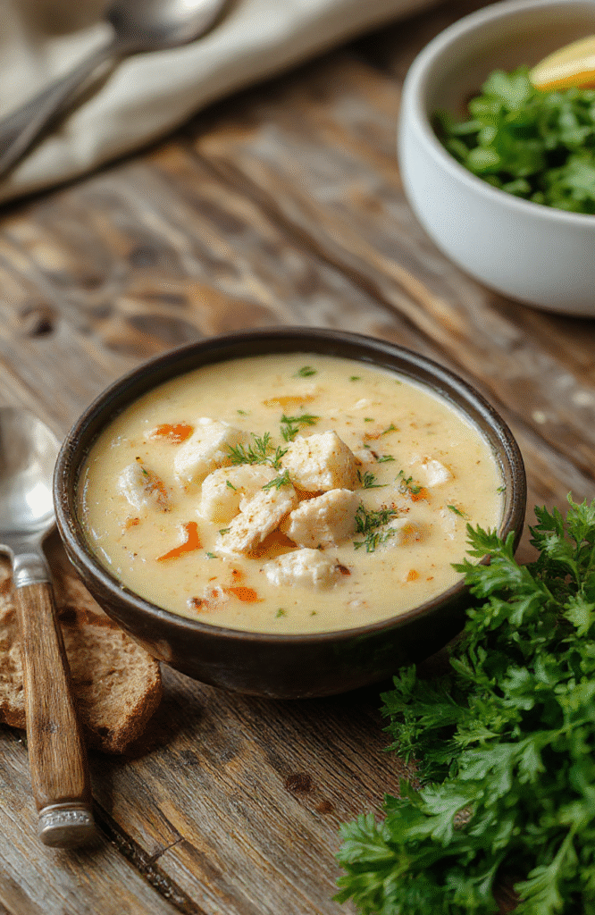 A bowl of creamy cheesy crack chicken soup on a rustic wooden table, topped with shredded cheese, chopped green onions, and crispy bacon bits, with a spoon resting on the side, surrounded by ingredients like chicken, cheese, and herbs, styled casually with a cozy, inviting atmosphere.