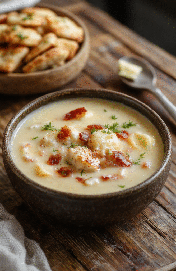 A warm bowl of creamy chicken bacon gnocchi soup garnished with crispy bacon bits, fresh herbs, and a sprinkle of grated cheese, served in a rustic bowl on a wooden surface, with a creamy thick texture visible and steam rising, styled casually with natural lighting.
