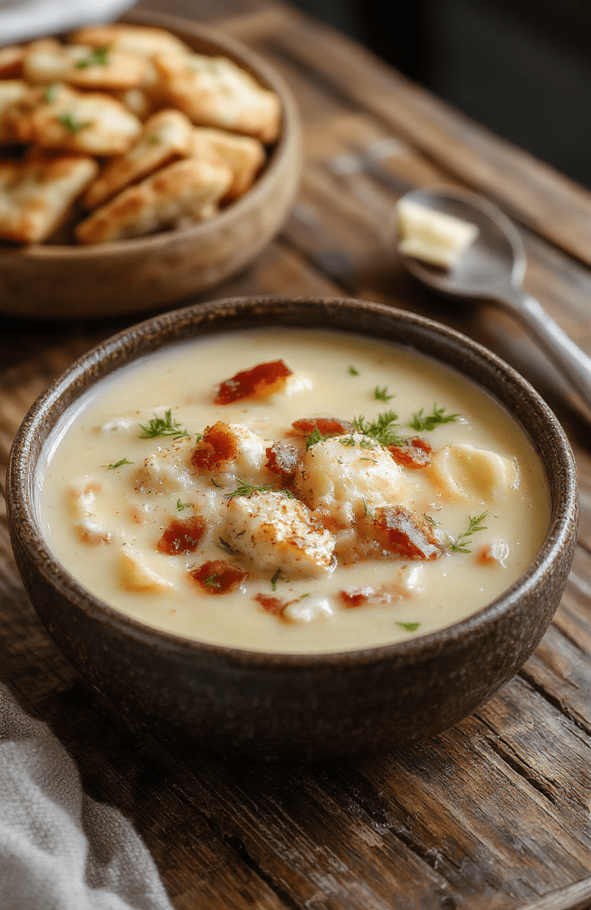 A warm bowl of creamy chicken bacon gnocchi soup garnished with crispy bacon bits, fresh herbs, and a sprinkle of grated cheese, served in a rustic bowl on a wooden surface, with a creamy thick texture visible and steam rising, styled casually with natural lighting.