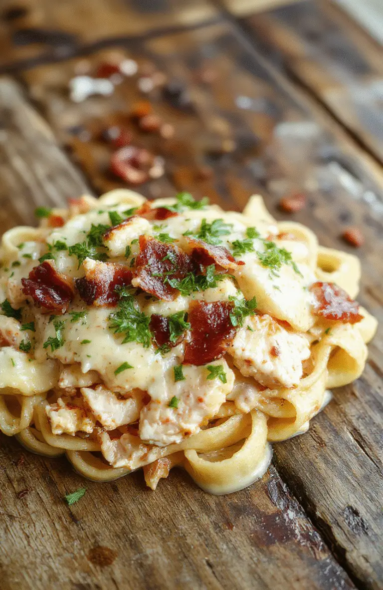 A vibrant plate of creamy chicken bacon ranch pasta featuring tender chicken pieces, crispy bacon, fresh herbs, and a rich, velvety sauce. The dish is beautifully plated on a white ceramic plate with a sprinkle of chopped parsley and shredded cheese, set against a rustic wooden table with soft natural lighting highlighting the textures and colors.