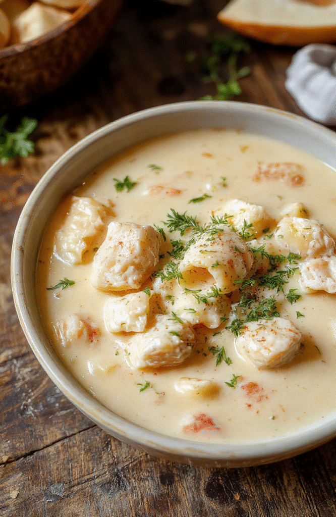 A colorful bowl of creamy chicken pasta soup featuring tender chicken, al dente pasta, and vibrant vegetables in a rich, velvety broth. The presentation is cozy, garnished with fresh herbs and served on a rustic wooden table, with steam rising gently, inviting warmth and comfort.