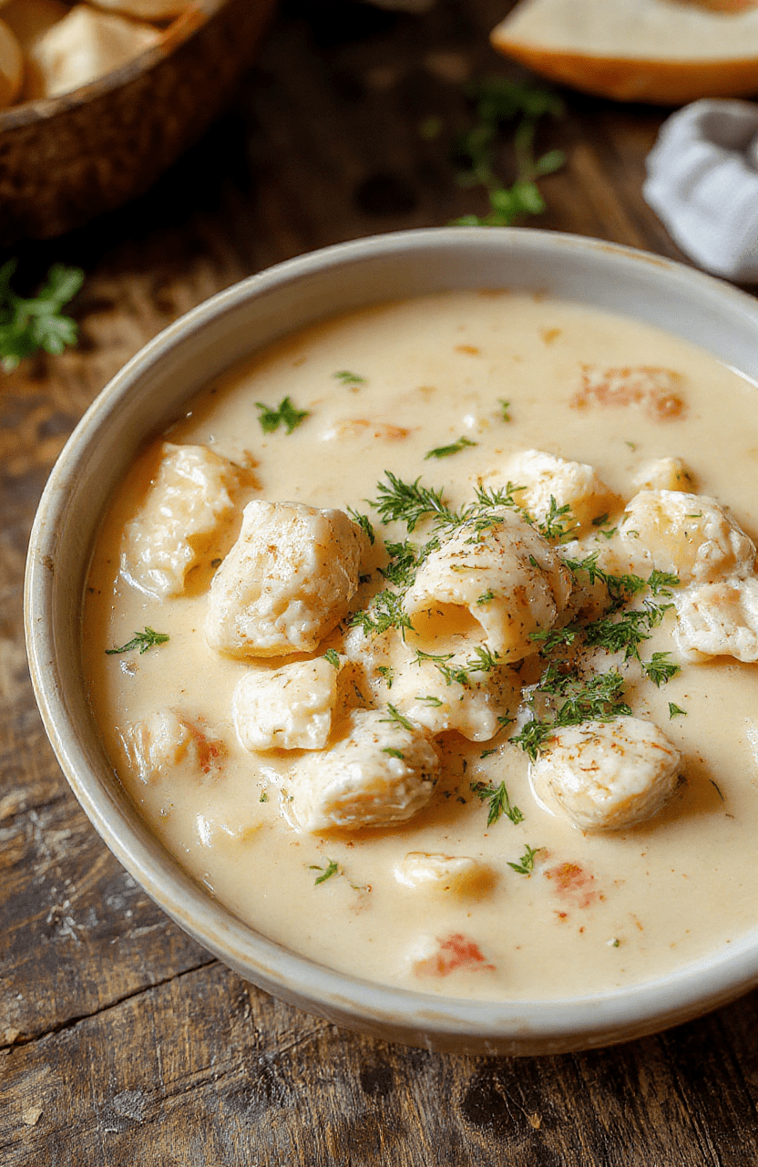 A colorful bowl of creamy chicken pasta soup featuring tender chicken, al dente pasta, and vibrant vegetables in a rich, velvety broth. The presentation is cozy, garnished with fresh herbs and served on a rustic wooden table, with steam rising gently, inviting warmth and comfort.