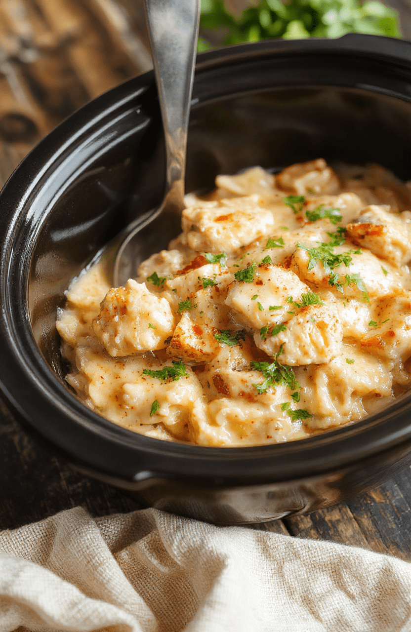 A comforting bowl of creamy chicken and rice sits atop a rustic wooden table with fresh herbs sprinkled on top, showcasing a smooth, luscious texture and perfectly cooked rice with tender chunks of chicken, garnished with chopped parsley, styled to evoke warmth and hominess.