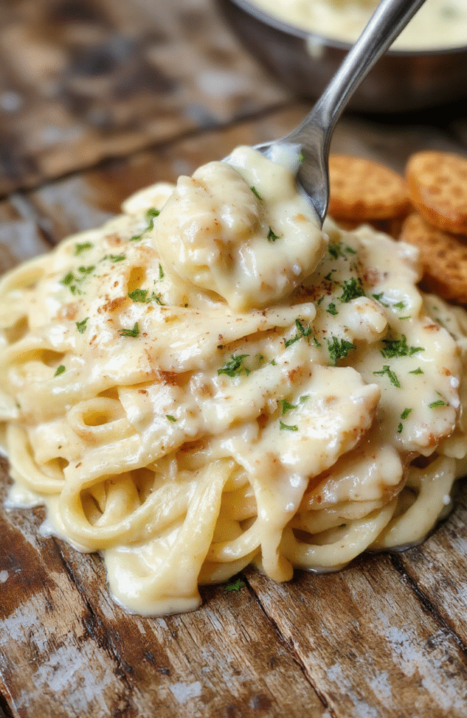 A close-up of creamy fettuccine Alfredo gracefully plated on a white dish, topped with freshly grated Parmesan cheese and chopped parsley, with a rich sauce coating each strand of pasta, accompanied by a rustic wooden table background, soft natural lighting emphasizing the velvety texture and vibrant colors.