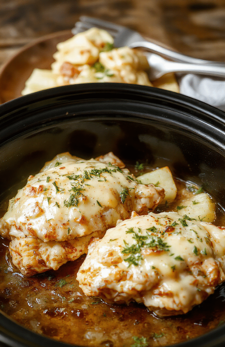 A rustic white plate features tender, golden-brown chicken breasts topped with melted Parmesan cheese and chopped garlic, accompanied by crispy roasted potatoes with herbs. The dish is styled on a wooden tray with fresh parsley garnish, with a blurred background highlighting a cozy kitchen setting and warm lighting, emphasizing textures and inviting appeal.