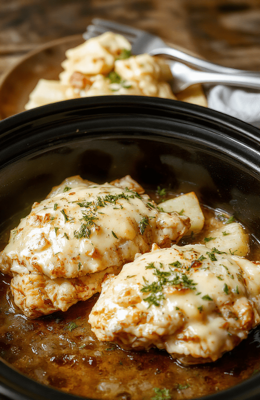 A rustic white plate features tender, golden-brown chicken breasts topped with melted Parmesan cheese and chopped garlic, accompanied by crispy roasted potatoes with herbs. The dish is styled on a wooden tray with fresh parsley garnish, with a blurred background highlighting a cozy kitchen setting and warm lighting, emphasizing textures and inviting appeal.