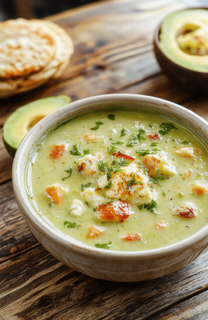 A vibrant bowl of creamy green chicken enchilada soup featuring shredded chicken, melted cheese, and fresh cilantro, served with tortilla chips on a rustic wooden table with a colorful background.