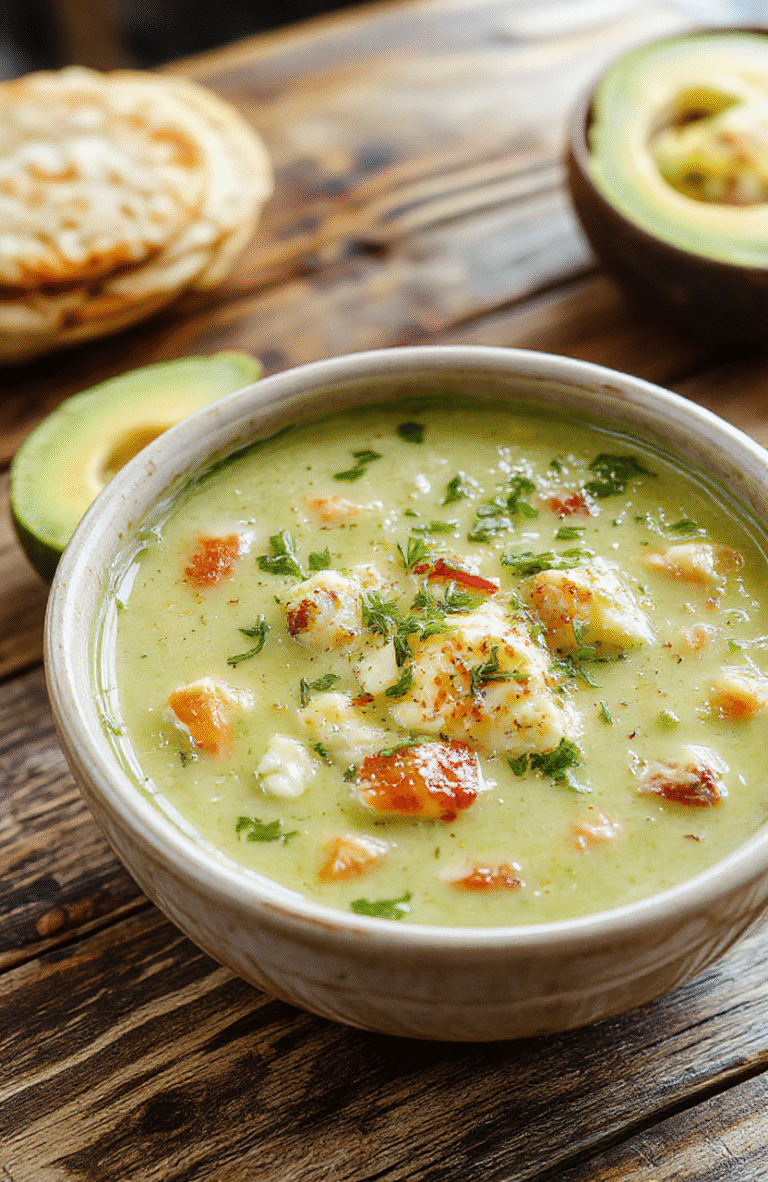 A vibrant bowl of creamy green chicken enchilada soup featuring shredded chicken, melted cheese, and fresh cilantro, served with tortilla chips on a rustic wooden table with a colorful background.