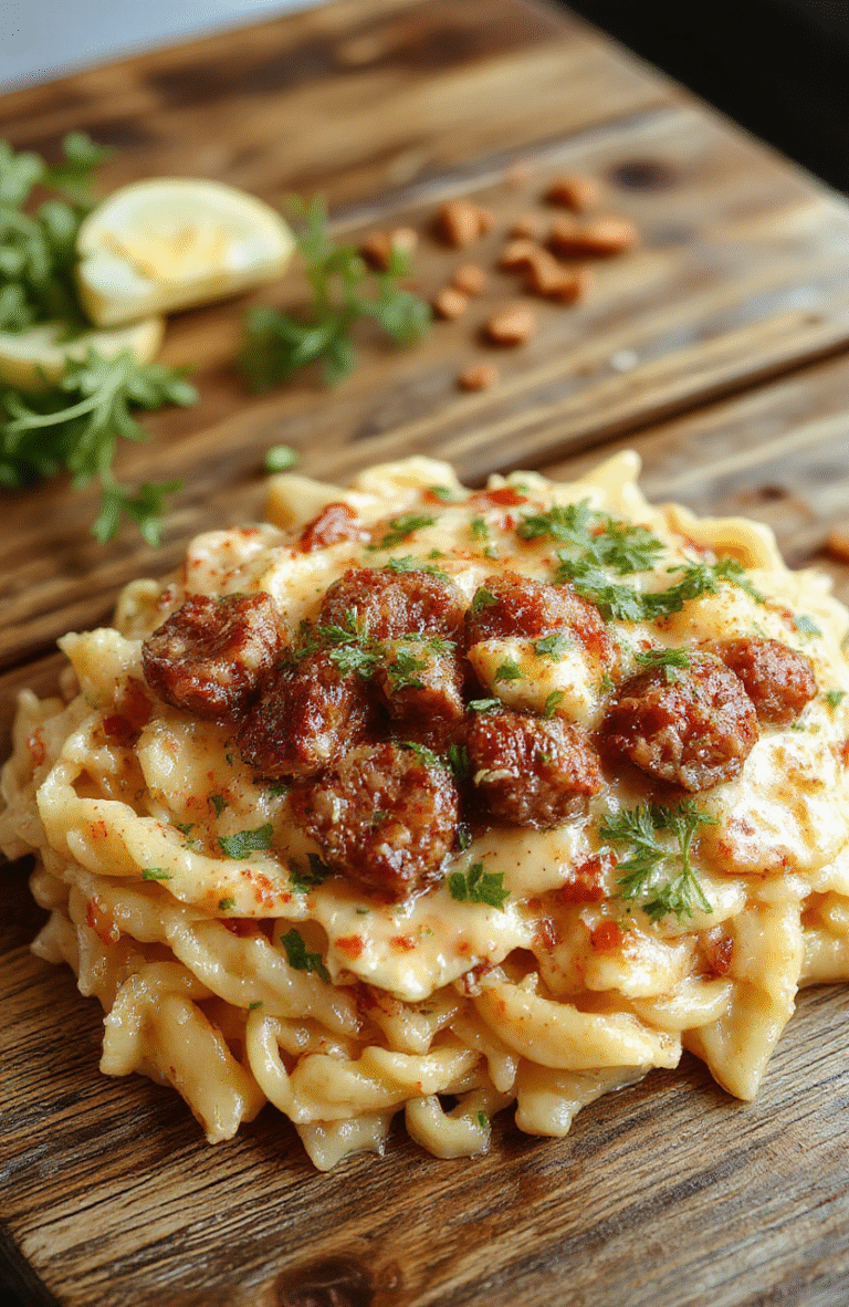 A vibrant bowl of creamy Italian sausage orzo featuring chunks of sausage, tender orzo pasta, fresh herbs, and a rich, velvety sauce. The dish is plated on a rustic wooden table with a sprinkle of grated cheese and chopped parsley, capturing a cozy and inviting atmosphere.