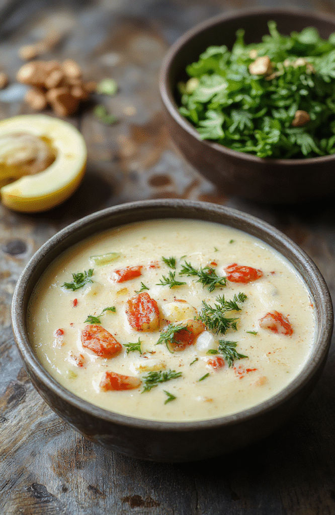 A vibrant bowl of creamy vegetable soup with colorful chunks of carrots, celery, zucchini, and spinach, topped with fresh herbs, served in a rustic white bowl on a wooden table with a spoon, natural light highlighting the textures and colors.