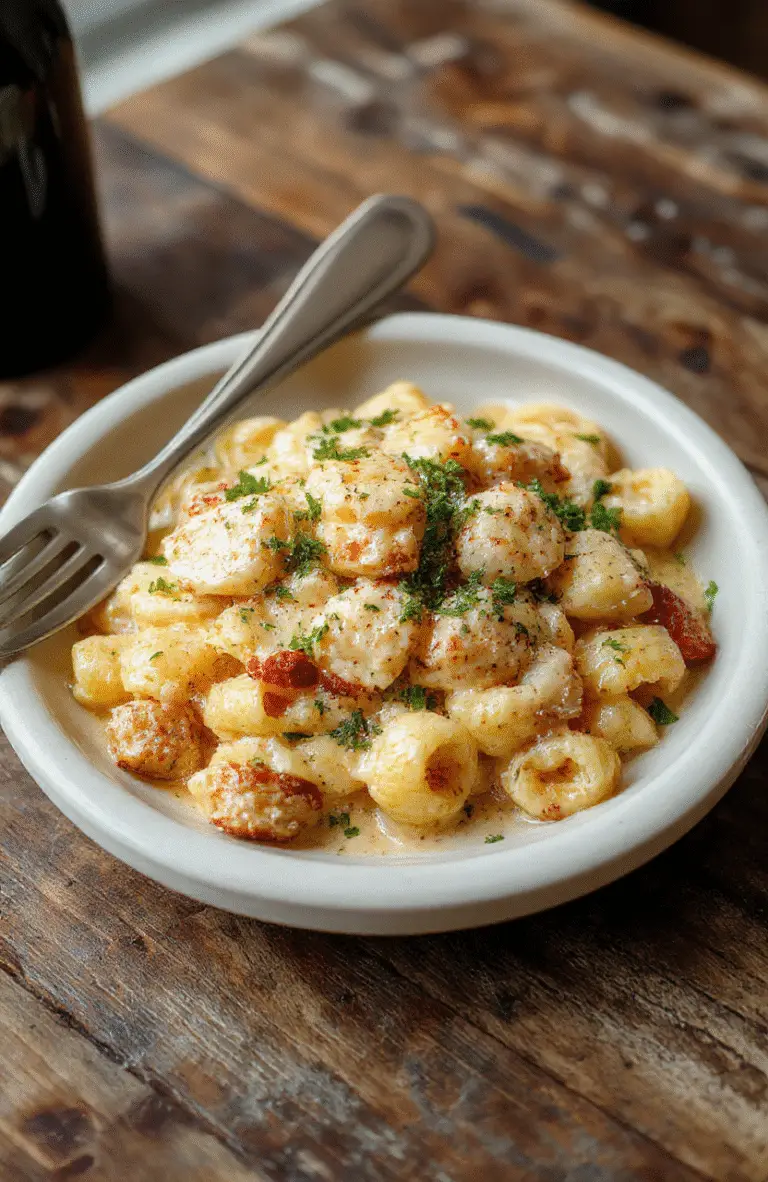 A close-up of a steaming plate of creamy Parmesan chicken pasta, topped with melted cheese and fresh herbs, served on a rustic wooden table with a fork twirling the pasta, vibrant colors, glossy sauce, inviting and appetizing.