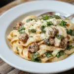 A vibrant skillet filled with creamy parmesan spinach mushroom pasta, garnished with fresh herbs, showcasing al dente pasta, sautéed mushrooms, and wilted spinach with a golden parmesan topping, styled simply on a rustic wooden table.