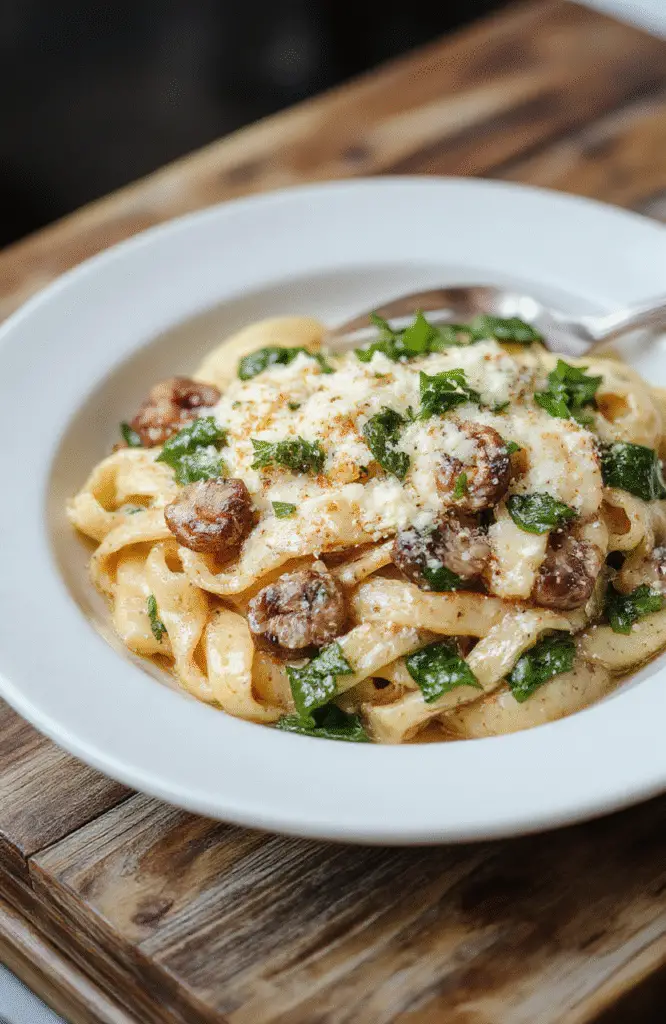 A vibrant skillet filled with creamy parmesan spinach mushroom pasta, garnished with fresh herbs, showcasing al dente pasta, sautéed mushrooms, and wilted spinach with a golden parmesan topping, styled simply on a rustic wooden table.