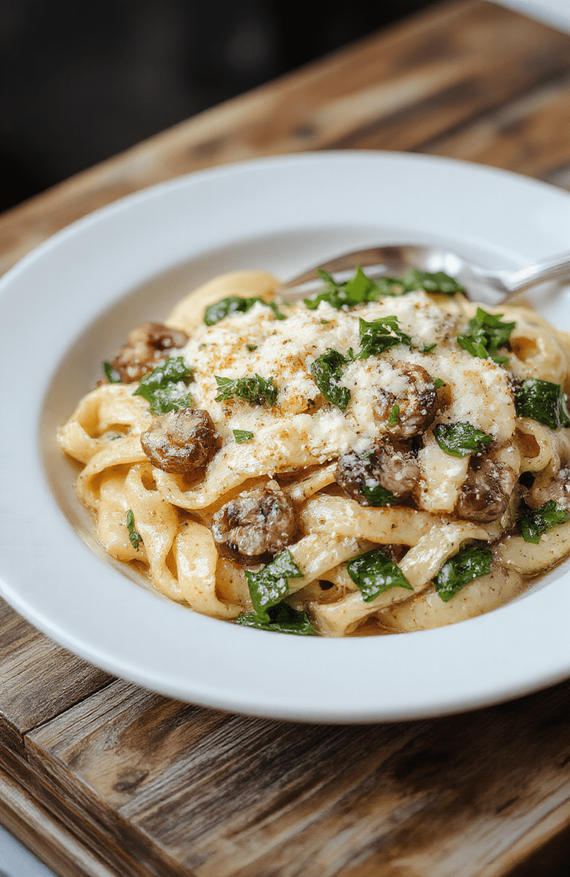 A vibrant skillet filled with creamy parmesan spinach mushroom pasta, garnished with fresh herbs, showcasing al dente pasta, sautéed mushrooms, and wilted spinach with a golden parmesan topping, styled simply on a rustic wooden table.