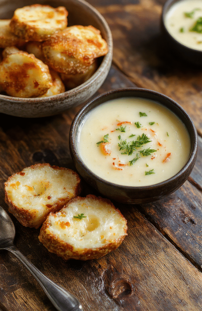 A creamy potato soup served in a rustic white bowl, topped with fresh herbs and cracked black pepper. The soup has a smooth, velvety texture with small chunks of potato visible. It is placed on a wooden table with a linen cloth, with a spoon beside it, and natural daylight highlighting the creamy surface and garnishes.