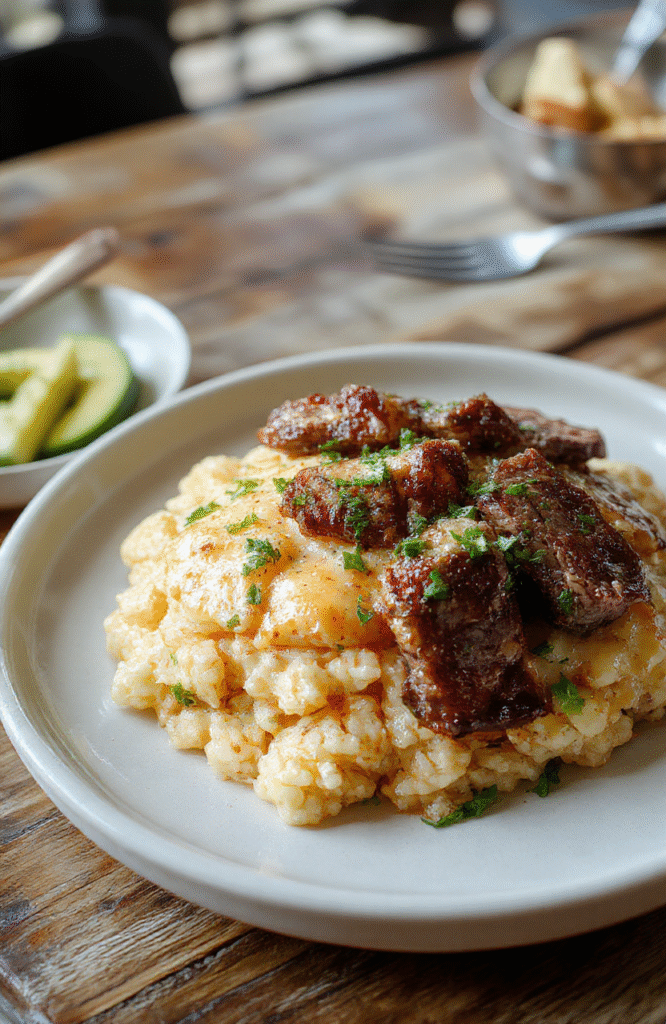 A vibrant plate featuring creamy queso rice topped with tender juicy steak strips, garnished with chopped herbs, served on a rustic wooden table with colorful side dishes in the background, highlighting textures and rich cheesy sauce.