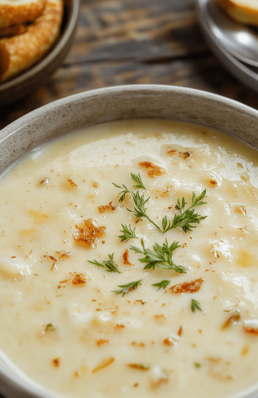 A vibrant bowl of creamy roasted garlic potato soup topped with fresh herbs and a swirl of coconut cream, surrounded by roasted garlic cloves and crispy potato chunks, styled on a rustic wooden table with natural lighting.