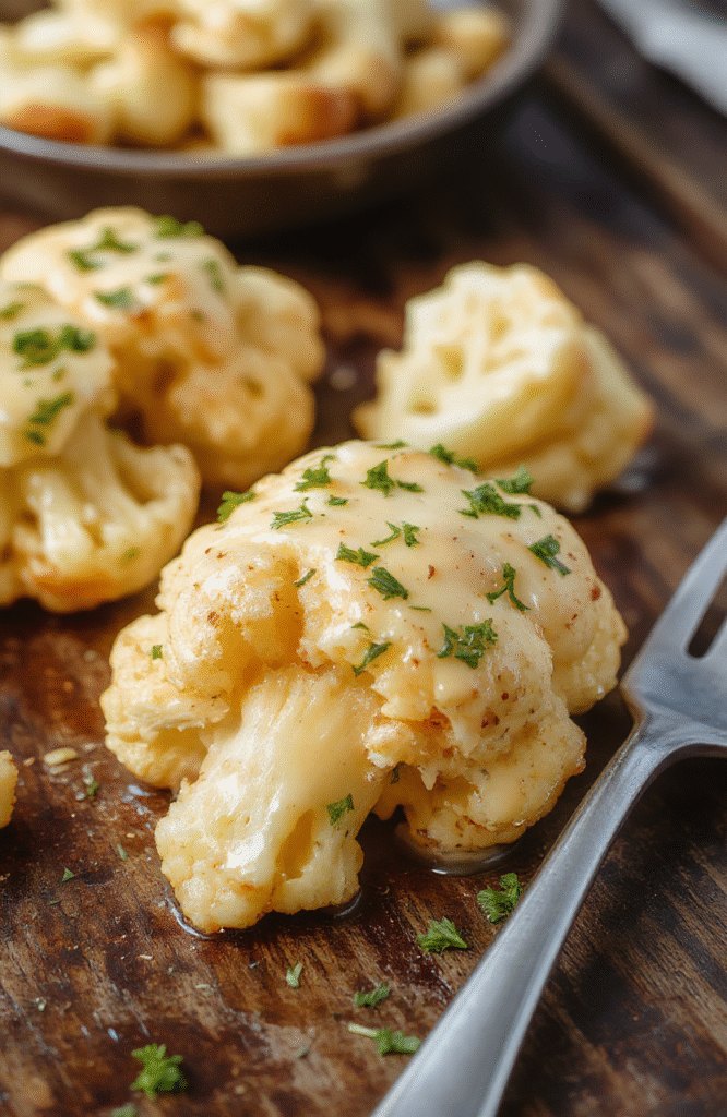 A vibrant creamy cauliflower dish served on a white plate, garnished with fresh herbs and a drizzle of sauce, showcasing tender cauliflower florets coated in rich vegan butter with a smooth, nutty texture, surrounded by colorful vegetables, styled casually on a rustic wooden table with natural lighting.