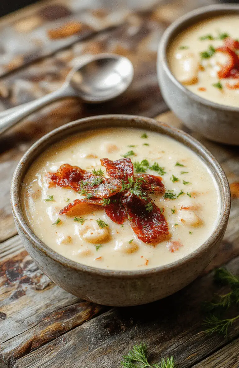 A vibrant bowl of creamy white bean soup topped with crispy bacon bits, garnished with fresh herbs, served on a rustic wooden table with a golden crusty bread slice, capturing a warm and inviting atmosphere with rich textures and vibrant colors, styled simply with natural daylight.