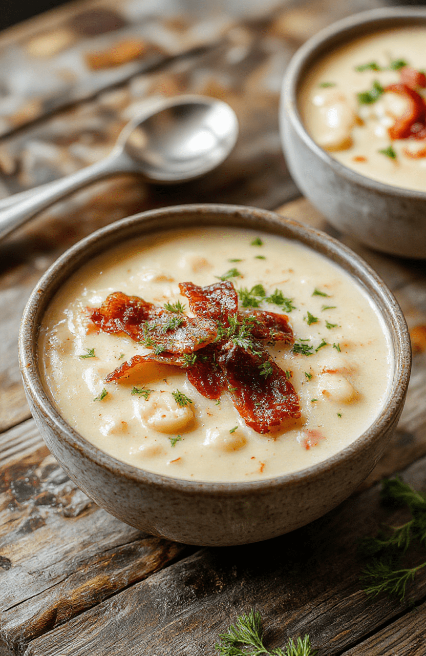 A vibrant bowl of creamy white bean soup topped with crispy bacon bits, garnished with fresh herbs, served on a rustic wooden table with a golden crusty bread slice, capturing a warm and inviting atmosphere with rich textures and vibrant colors, styled simply with natural daylight.