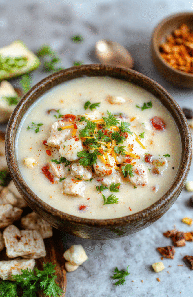 A creamy white chicken chili served in a rustic bowl, topped with chopped cilantro and shredded cheese, surrounded by fresh ingredients like chicken breasts, white beans, and spices, with a warm, inviting ambiance