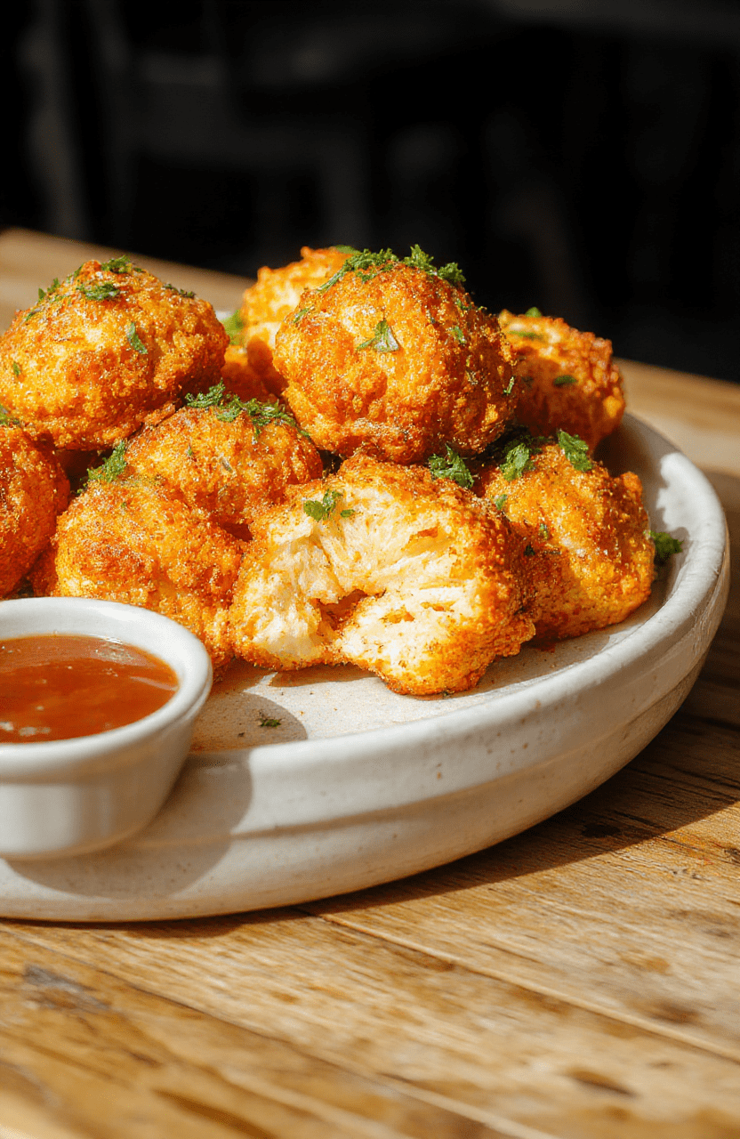 A vibrant plate of crispy buffalo cauliflower bites with a golden-brown exterior, drizzled with spicy buffalo sauce, garnished with fresh parsley on a white rustic plate, styled with a colorful napkin and natural light highlighting the textures.