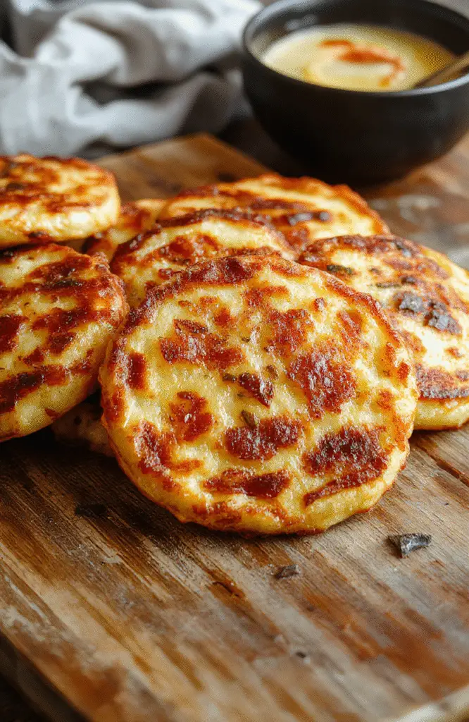 Golden crispy German potato pancakes stacked on a white plate, garnished with fresh herbs and served with a side of applesauce and sour cream, showcasing their crunchy exterior and tender interior, styled simply on a rustic wooden table.