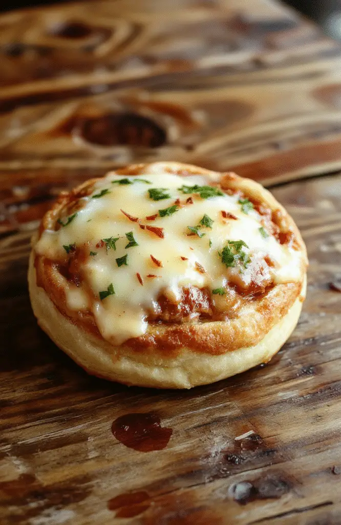 A flaky golden puff pastry square topped with a perfectly fried sunny side up egg, melted cheese, and ham slices, garnished with fresh herbs on a rustic wooden board.