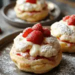 A close-up of fluffy golden cream puffs filled with luscious pink strawberry cream, topped with fresh strawberries and a dusting of powdered sugar, artfully arranged on a rustic plate, with a soft, blurred background emphasizing the dessert's tempting textures.