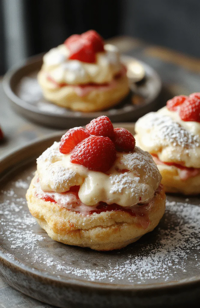 A close-up of fluffy golden cream puffs filled with luscious pink strawberry cream, topped with fresh strawberries and a dusting of powdered sugar, artfully arranged on a rustic plate, with a soft, blurred background emphasizing the dessert's tempting textures.