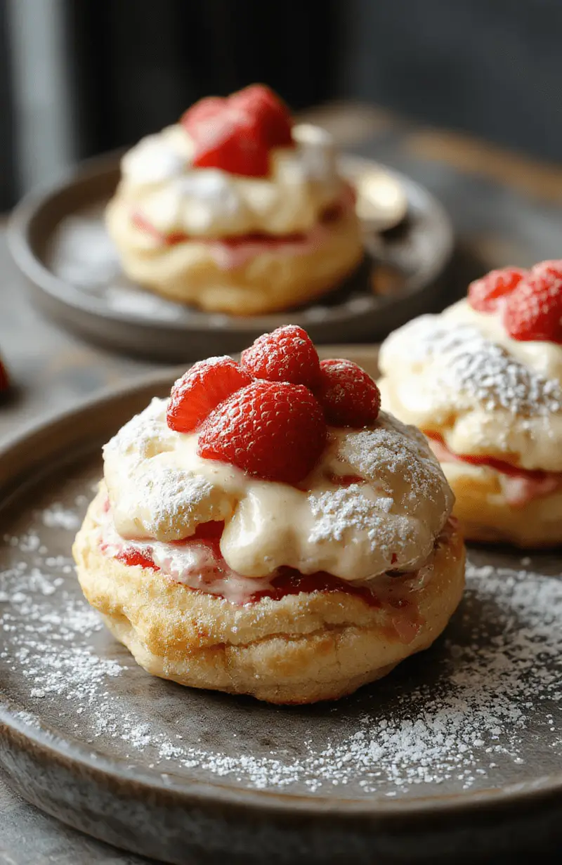 A close-up of fluffy golden cream puffs filled with luscious pink strawberry cream, topped with fresh strawberries and a dusting of powdered sugar, artfully arranged on a rustic plate, with a soft, blurred background emphasizing the dessert's tempting textures.