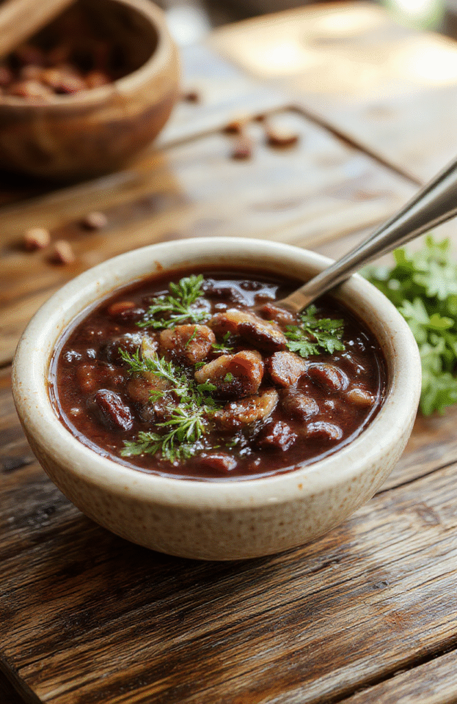 A vibrant bowl of black bean soup with a rich, dark hue, topped with chopped cilantro, diced tomatoes, and a dollop of sour cream, surrounded by fresh ingredients like garlic, lime, and onions, styled on a rustic wooden table with a warm, inviting atmosphere.