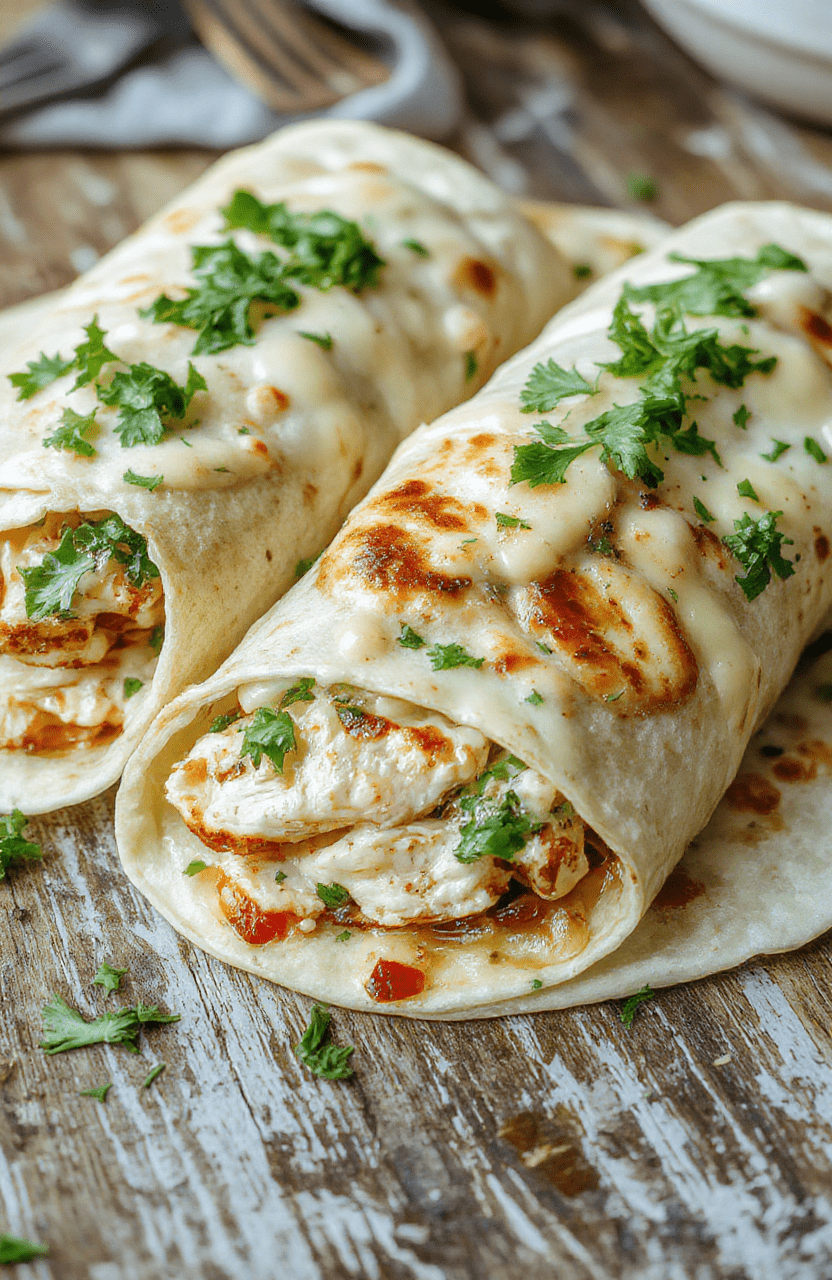 A vibrant chicken Caesar wrap sliced open to reveal fresh romaine lettuce, grilled chicken, creamy Caesar dressing, and crunchy croutons wrapped in a soft tortilla, styled on a rustic wooden surface with natural daylight