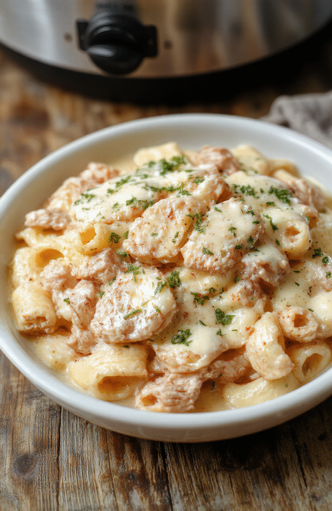 A creamy Chicken Alfredo served in a white bowl, topped with grated Parmesan and chopped parsley. The dish is placed on a rustic wooden table, with a fork and a slice of bread nearby, highlighting the rich, cheesy texture and tender chicken pieces.