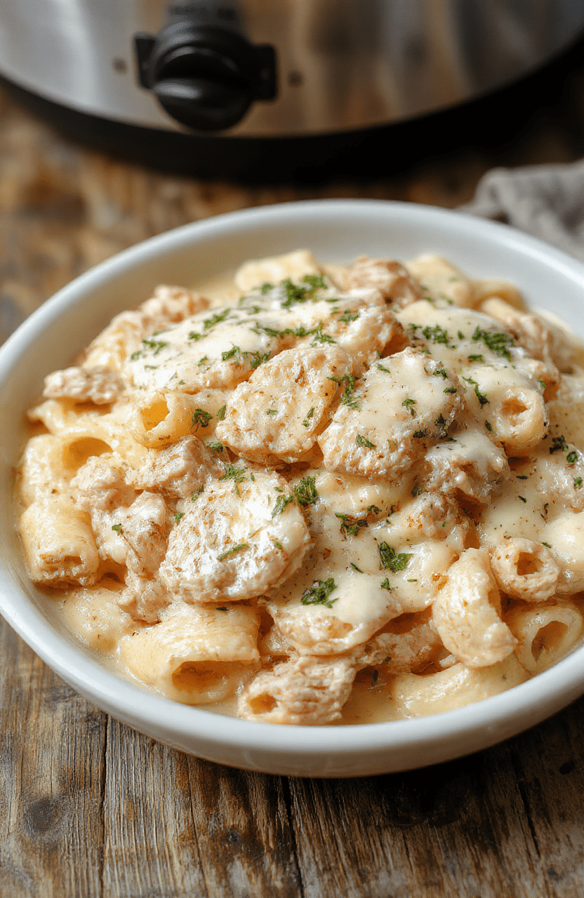 A creamy Chicken Alfredo served in a white bowl, topped with grated Parmesan and chopped parsley. The dish is placed on a rustic wooden table, with a fork and a slice of bread nearby, highlighting the rich, cheesy texture and tender chicken pieces.