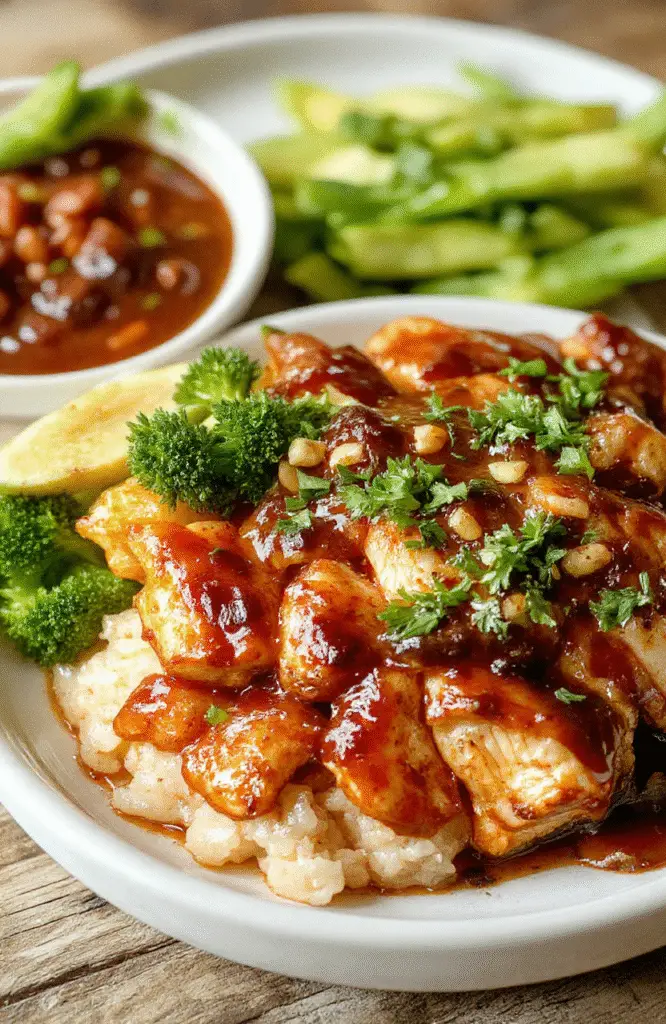 A dish of tender shredded crockpot teriyaki chicken glazed with glossy sauce, served on a white plate garnished with sesame seeds and chopped green onions, with colorful steamed vegetables on the side, styled casually on a rustic wooden table with natural daylight highlighting the vibrant colors and textures.