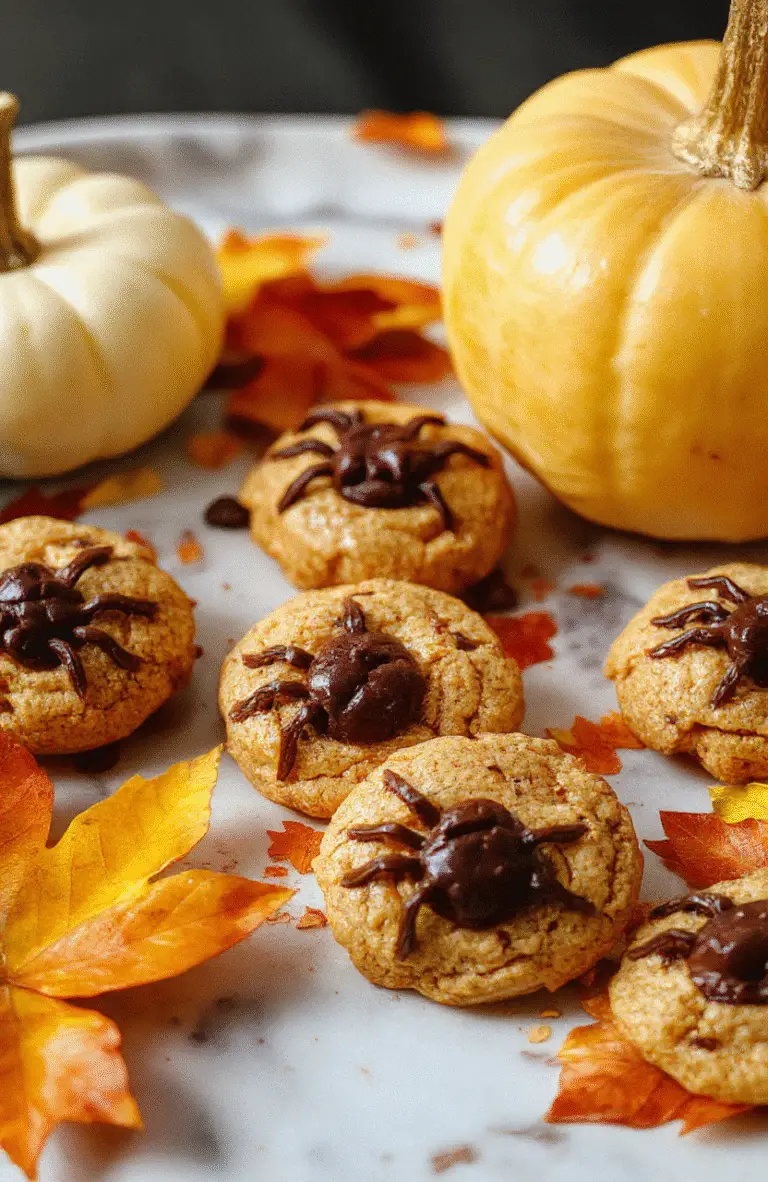 Colorful Halloween peanut butter cookies shaped into spiders with chocolate chip eyes and pretzel legs, resting on festive orange and black themed table with pumpkin and fall decor, detailed textures of cookie crumbly surface, glossy chocolate chips, and crunchy pretzels, styled for a fun seasonal treat.