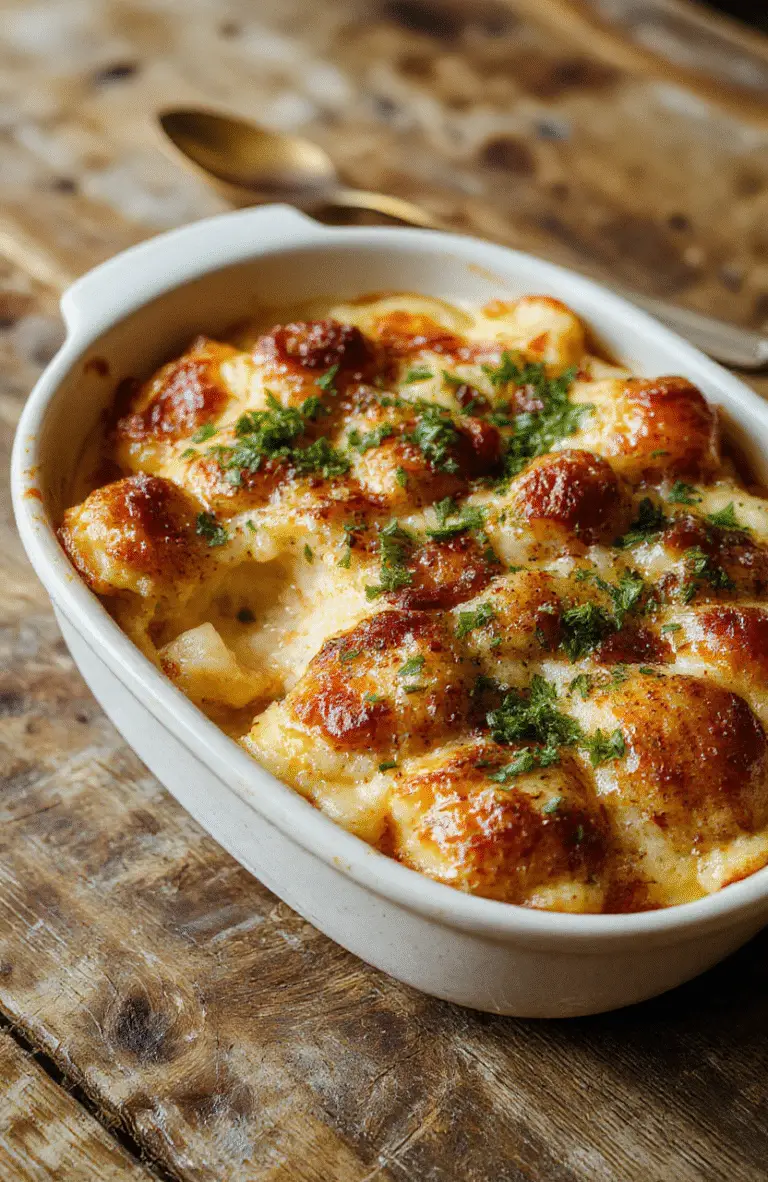 A colorful hobo casserole served in a rustic baking dish, featuring layers of seasoned ground beef, vegetables, and melted cheese, topped with fresh herbs, all styled on a wooden table with a spoonful scooped out showing the hearty textures.