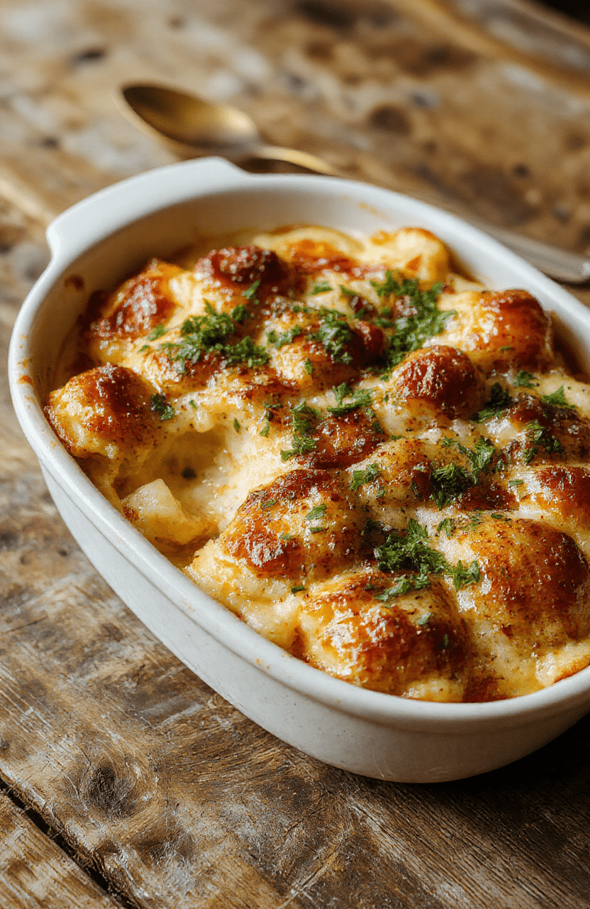 A colorful hobo casserole served in a rustic baking dish, featuring layers of seasoned ground beef, vegetables, and melted cheese, topped with fresh herbs, all styled on a wooden table with a spoonful scooped out showing the hearty textures.