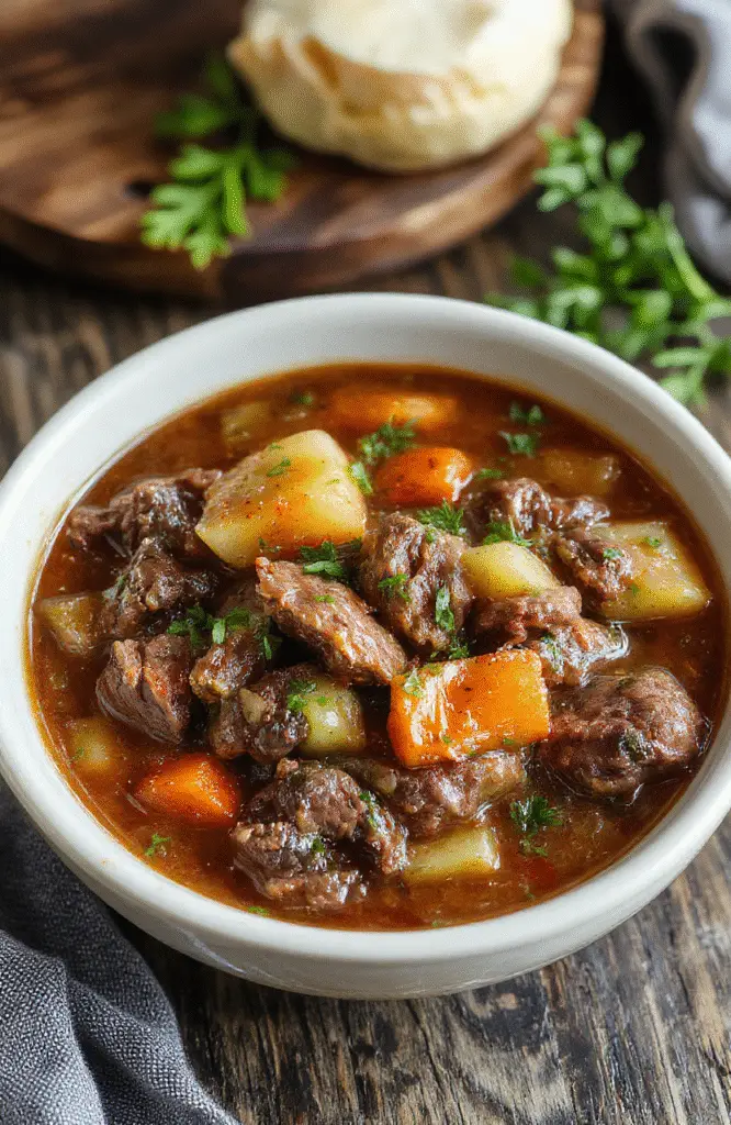 A hearty bowl of beef stew with tender chunks of beef, carrots, potatoes, and celery in a rich gravy, garnished with fresh herbs, served in a rustic white bowl on a wooden table, with a spoon and bread beside it, inviting and warm.