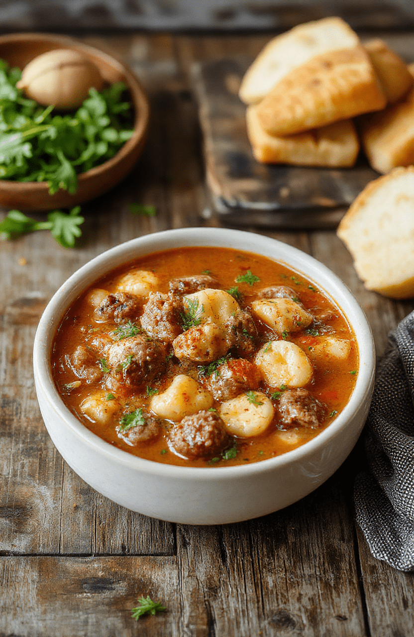 A steaming bowl of Italian sausage tortellini soup featuring plump tortellini, sliced Italian sausage, fresh spinach, and a rich broth, garnished with grated Parmesan and chopped herbs, styled on a rustic wooden table with a cozy background.