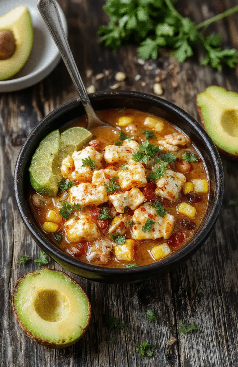 A vibrant bowl of white chicken chili topped with grilled corn, fresh cilantro, and a sprinkle of cheese, served with warm tortilla chips on a rustic wooden surface.