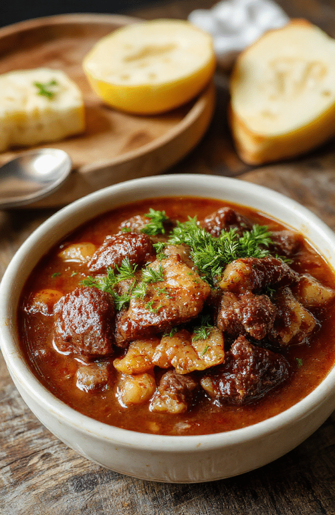 A hearty bowl of old fashioned beef stew in a rustic ceramic bowl, filled with tender beef chunks, carrots, potatoes, and celery in a rich, glossy gravy, garnished with fresh herbs on a wooden table.