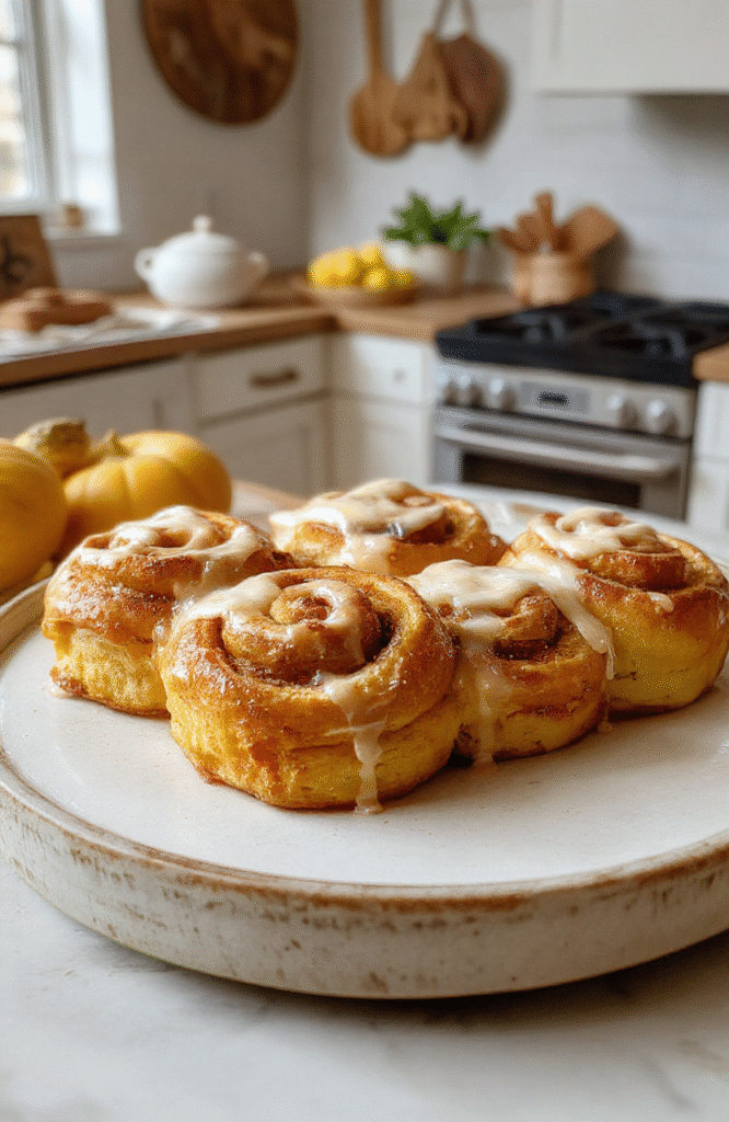 A plate of golden-brown pumpkin cinnamon rolls drizzled with cream cheese glaze, layered with swirls of pumpkin and cinnamon, served on a rustic white plate with a soft blurred background of cozy autumn decor.