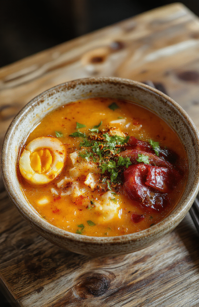 A vibrant bowl of vegan ramen noodles featuring colorful vegetable toppings, rich broth, and soy sauce glaze, arranged on a rustic wooden table with a soft natural light highlighting the textures and colors.