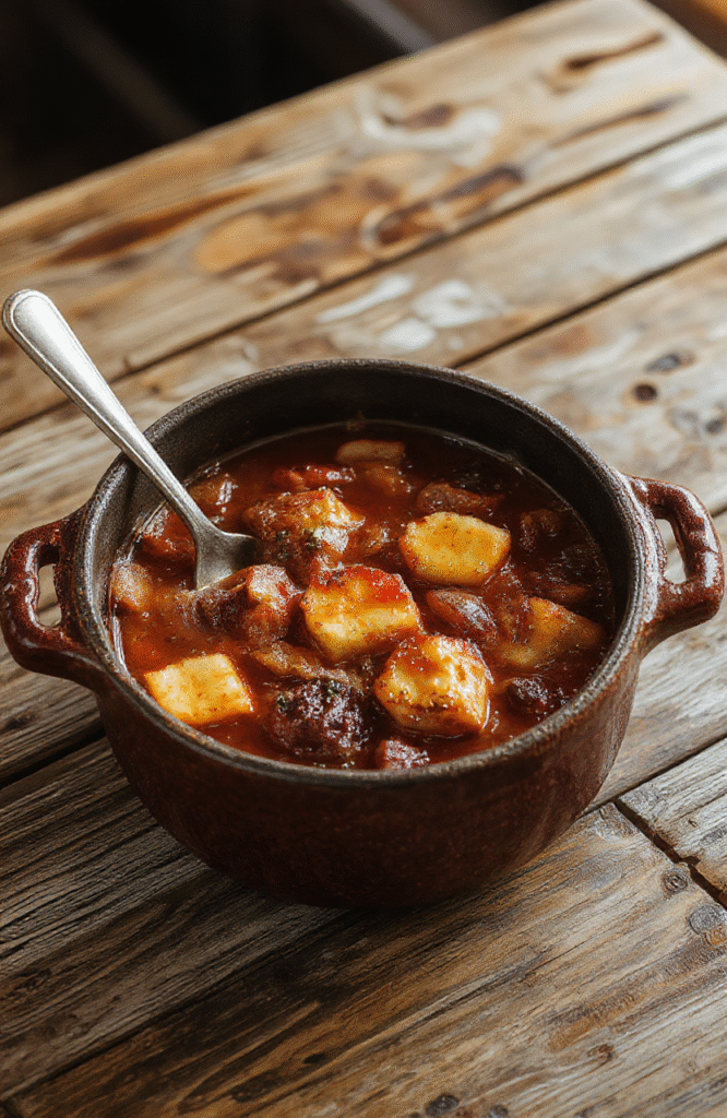 A hearty chicken stew served in a rustic bowl, featuring shredded chicken, tender vegetables, and a rich broth. The bowl is placed on a wooden table, with steam rising, highlighting the comforting textures and warm colors of the dish, garnished with fresh herbs.